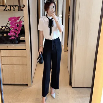 

Elegant Lady Summer Pants 2Piece Set Women 2020 New Fashion Ruffle Collar Bowknot White Blouse and Pants Suit Matching Set