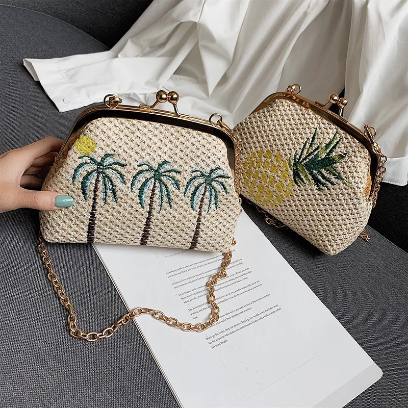 

JIULIN 2019 new coconut pineapple chain single shoulder oblique satchel fashion leisure straw clip bag