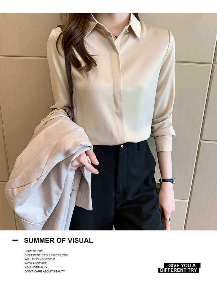 2022 Autumn Satin Women's Shirts Fashion Silk Button Solid OL Elegant Ladies Tops Long Sleeve Blouse Basic Women Shirts Blouses