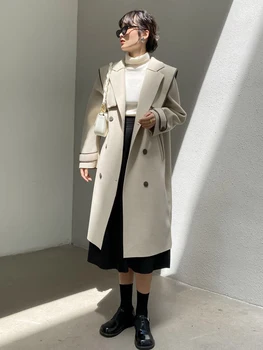 

2020 fashion new double-breasted detachable large collar long coat jacket women high quality temperament woolen coat loose