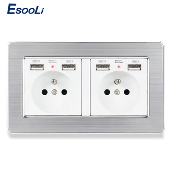 

Esooli 2 Gang French Standard Wall Socket Stainless Steel Panel With 4 USB Charge Port Hidden Soft LED Indicator