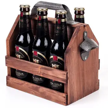 

Retro Style Natural Wooden Beer Bottle Rack With Metal Corkscrew Caddy Portable Drinking Wine Holder Rack For Picnics Parties