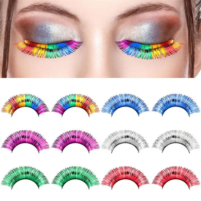 

6 Pairs Colorful Foil False Eyelashes Assorted Eyelash Extensions Party Accessory (Green Blue Purple Red Silver Rainbow)
