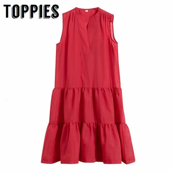 

Red Tank Dress + Camisole Lining Women Cascuading Ruffles Dress V-neck Sleveless Vestido