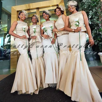 

2020 Champagne Sheer Lace Top Bridesmaid Dresses With Peplum Mermaid Women Long Wedding Party Dress Robe De Soiree De Mariage