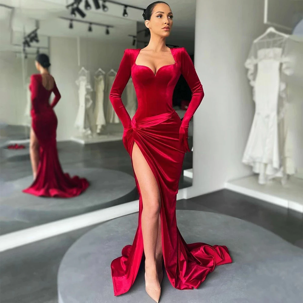 modest prom dresses Fashions Outfits Red Mermaid Prom Dresses Full Sleeves Sweetheart Evening Gowns Side Split Vestidos De Cóctel  Robe De Soiree silver prom dresses