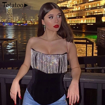 

Totatoop Summer Off Shoulder Sleeveless Velvet Camis Crystal Diamond Tassel Slim Chest Tops Backless Clubwear Tube Tops