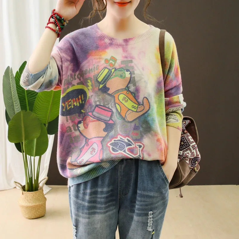 as pattern Kawaii красивый медвежонок из мультфильма окрашенные пуловеры Тонкий джемпер Топы с длинными рукавами осенний вязаный свитер женский свободный винтажный Sueter - Цвет: as pattern