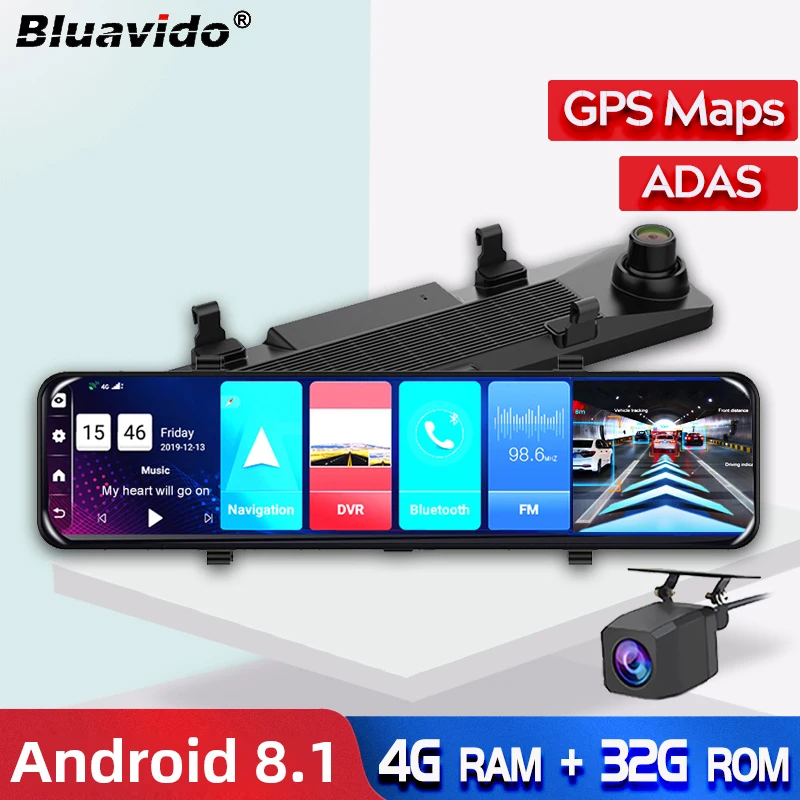 Автомобильный видеорегистратор Bluavido 12 дюймов Android 8 1 двойной объектив 1080P WiFi GPS