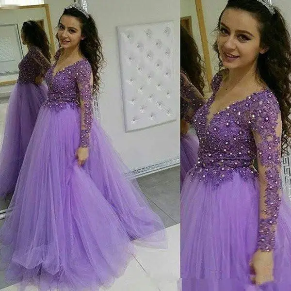 

Elegant Prom Dresses A Line V Neck Long Sleeve Floor Length Arabic Evening Gowns With Applique Beads Tulle Formal Party Dresses