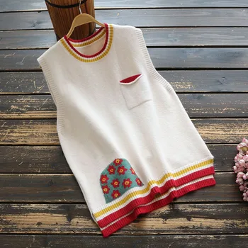 

6887 New Autumn Women Sweater Japan Style Literary Simple Print O-Neck Sleeveless Knitting Vest Top Women