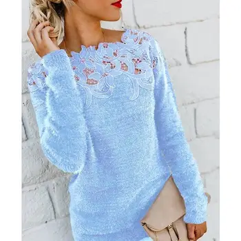 

Pullovers Autumn Winter Women O-Neck Sweater Female Casual Solid Color Plush Jumper Lace Loose Fleece Knitted Sweater