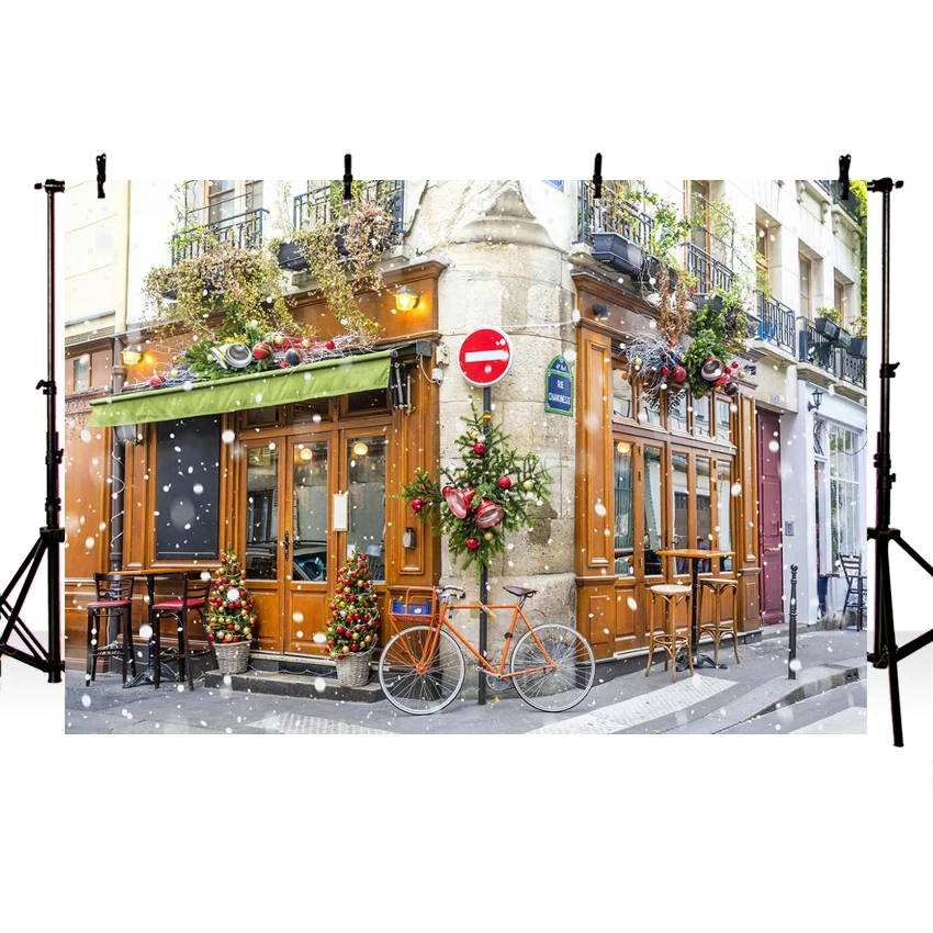 

Mehofoto Background for Photo Studio Christmas Street Corner Winter Snow Cafe Decoration Photography Backdrop Photobooth Prop