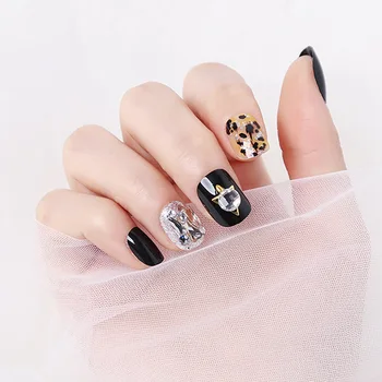 

Leopard Pattern Black Silver Diamond Encrusted Wearable Bride Wedding Fake Nails Full Cover Detachable Nail Patch TN