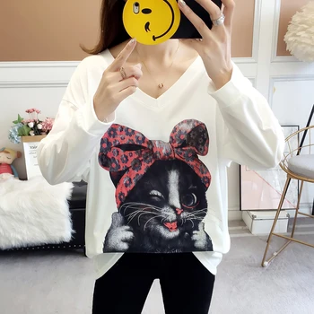 

2020 Cat Print T shirt women Long Sleeve Loose Kawaii cut tops Tees sweet Female Pink T Shirt Fall Winter Clothes