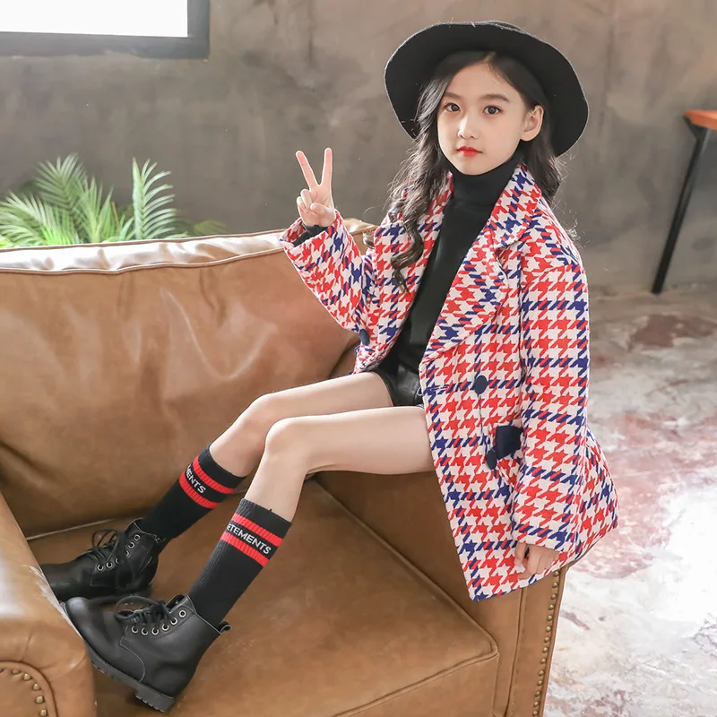 

Coat For Girls Kids Overcoat Plaid Woolen Jacket For Girl New Autumn Winter Fashion Houndstooth Trench Wool Coat Parka For Girl