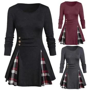 

Plus Size Women O Neck Long Sleeve Buttons Decor Stitching Plaid Loose Blouse