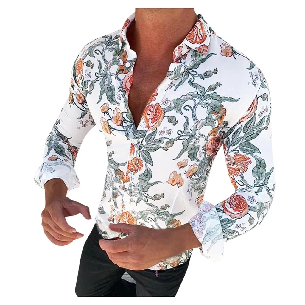 Feitong Camisa Masculina гавайская рубашка Мужская Повседневная рубашка с длинным рукавом и цветочным принтом облегающая уличная блуза с цветочным принтом Топ - Цвет: Белый