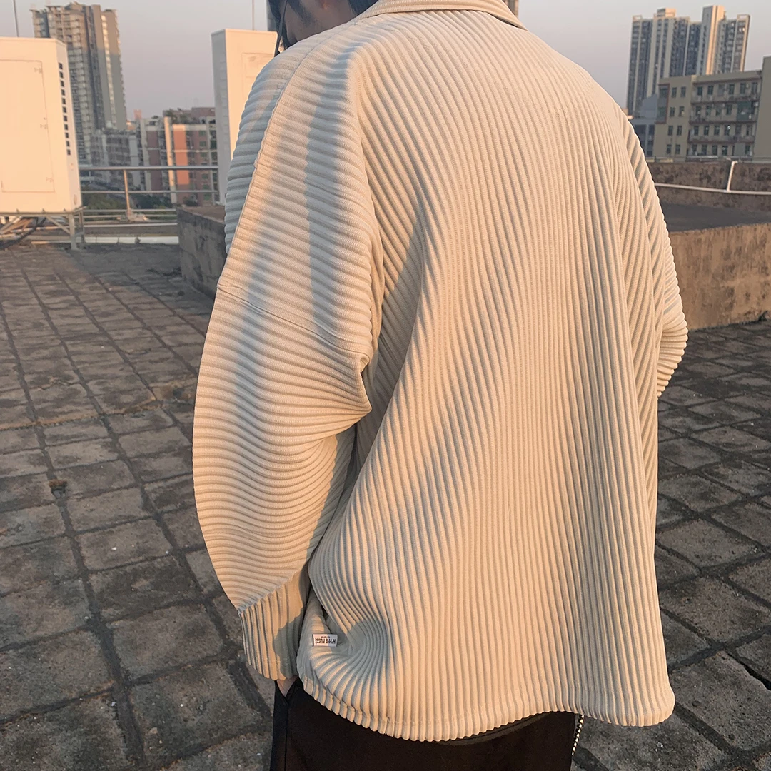 Miyake Pleated Men's Jacket Casual Cardigan Single Breasted Coats 2