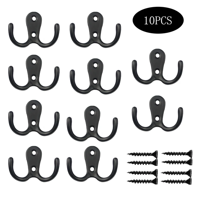 10Pcs Black Small Metal Wall Hooks Dual Prong Door Hangers with