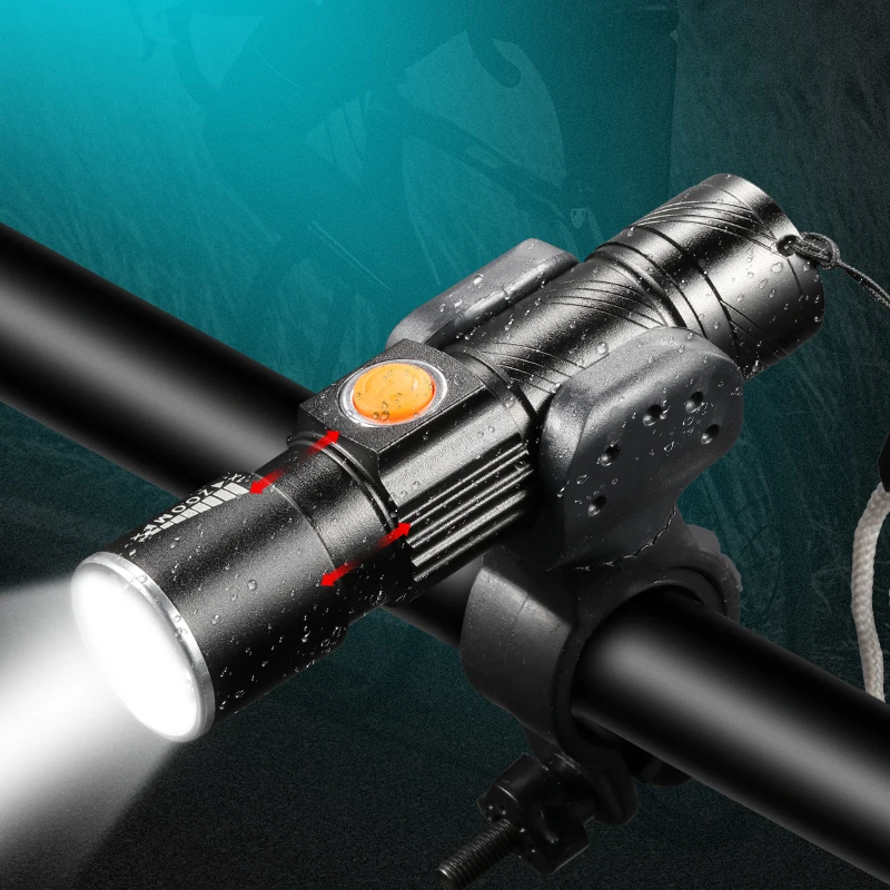 

Portable LED Flashlight T6 Bicycle Light With Tail USB Charging Head Zoomable waterproof Torch Built-in battery