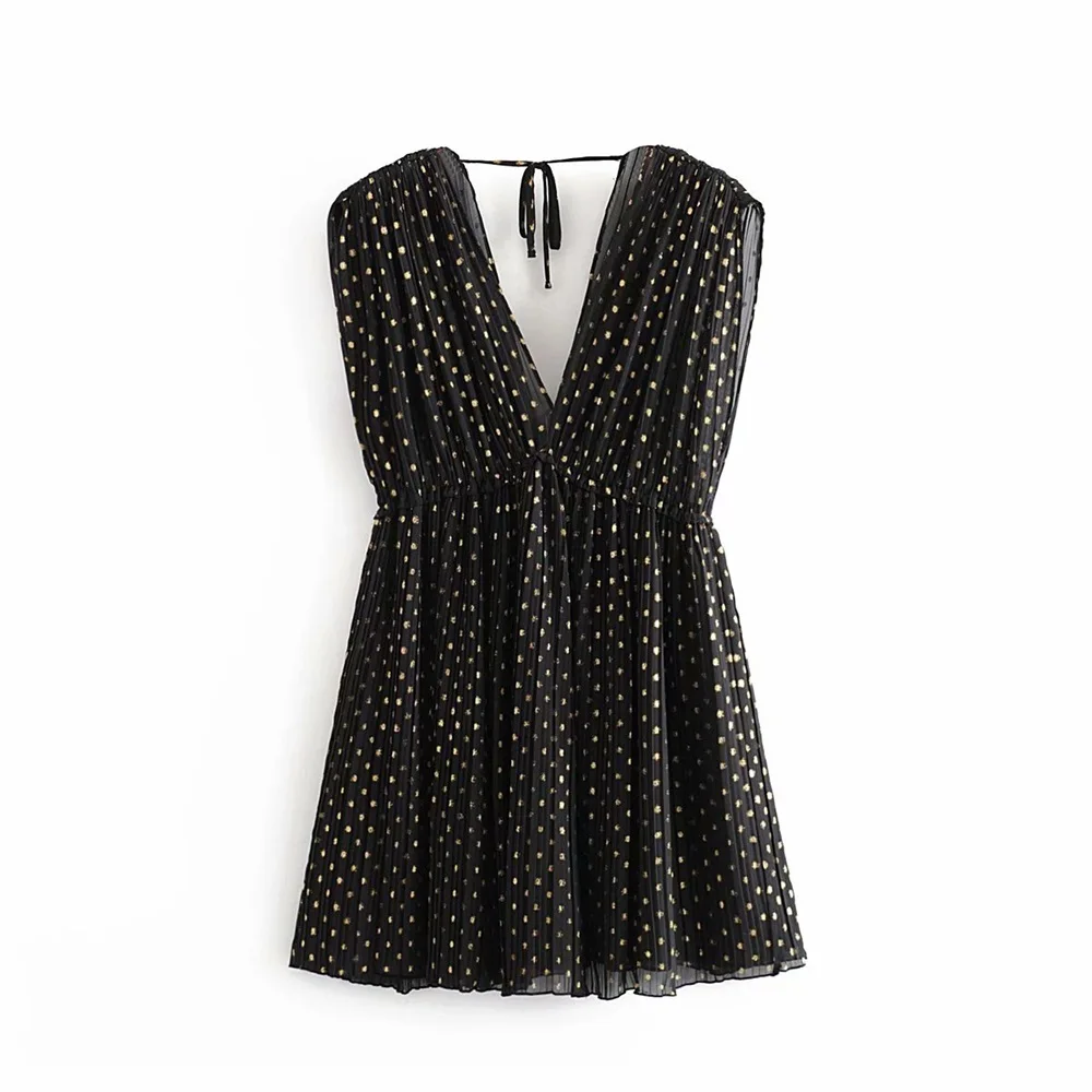 Женское плиссированное платье Za короткое в горошек без рукавов с v образным