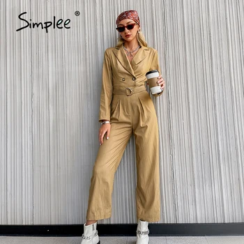 Simplee Office v-neck long sleeves belt women jumpsuit High street buttons cargo overalls Casual solid notched female jumpsuits