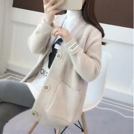 Korean Women Loose Cardigan Coat Double Pocket Design Sweater Jacket Cute Sweet Girl Casual Long Knitted Cardigan Pink Cape Top - Цвет: apricot