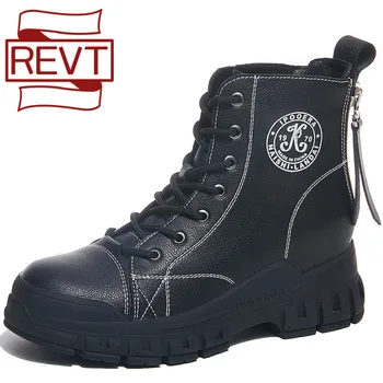 

REVT classic women's Martin boots inner height increase Double zipper women leather shoes boot women shoes retro British style