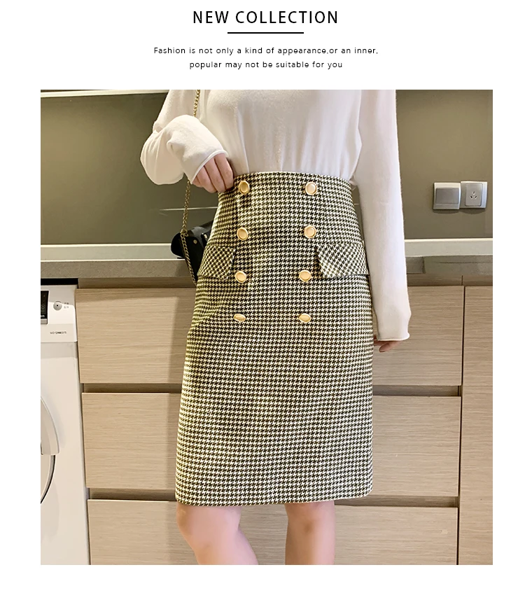 REALEFT 2019 Новая Осенняя Зимняя юбка-карандаш миди модная двубортная шерстяная юбка с разрезом сзади с высокой талией