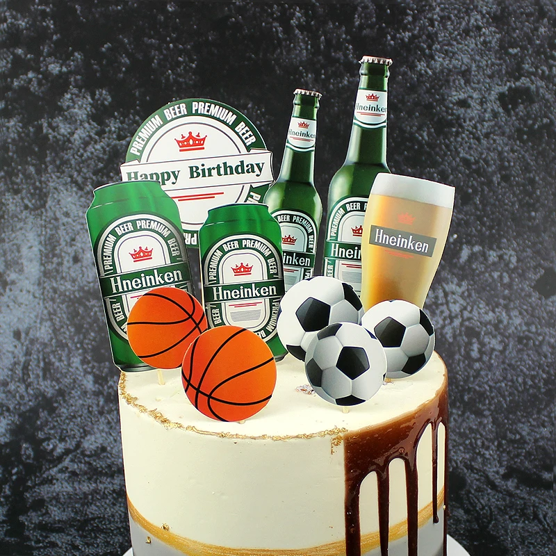 Figurine Decor Gateau 1 Ensemble De Decoration De Gateau Biere Basket Ball Football Joyeux Anniversaire Festival Type Kaki Fonce Cdiscount Maison