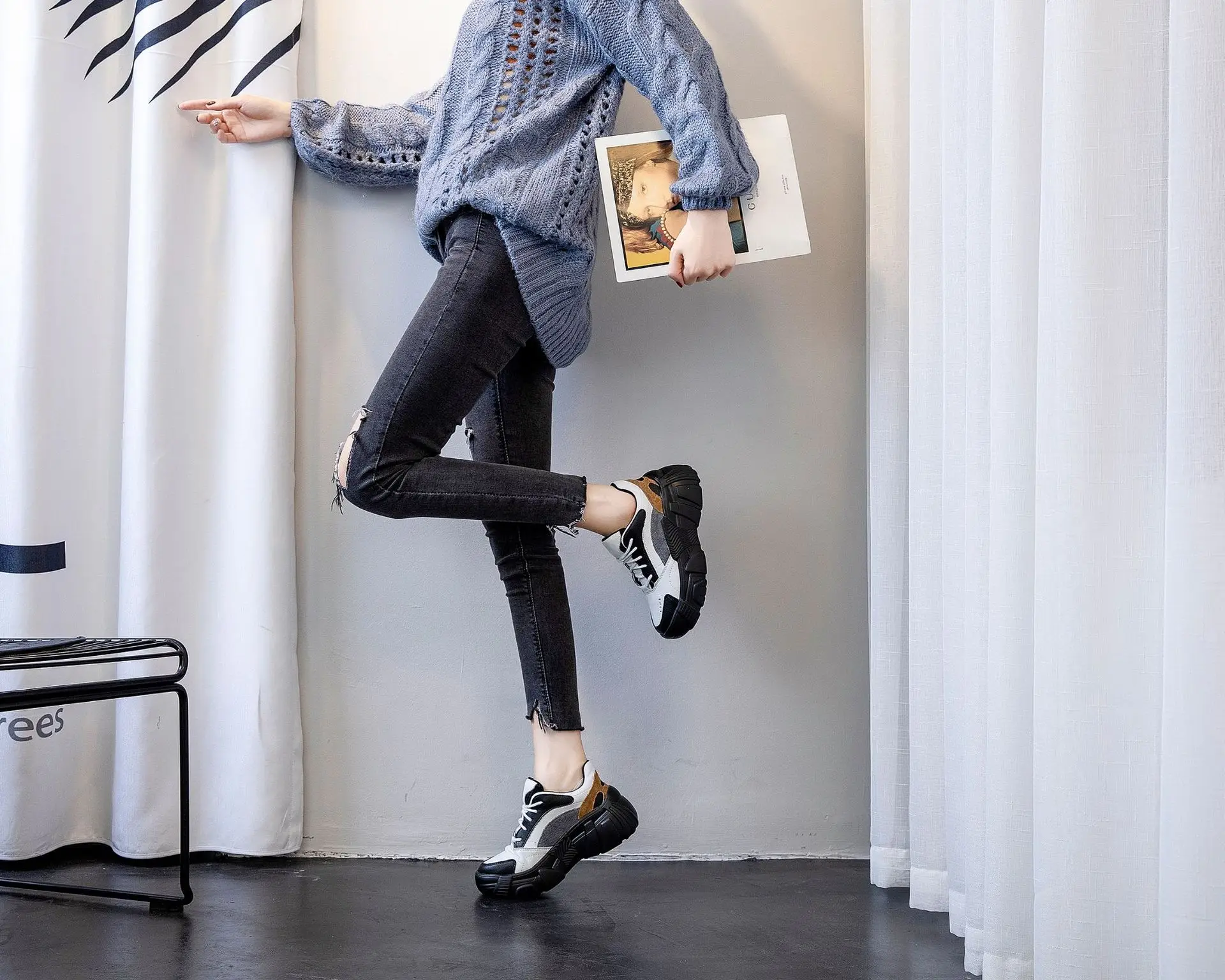 Высококачественные женские кроссовки для бега; Новинка года; кожаные кроссовки на толстой подошве; chaussures femme ZQ-193