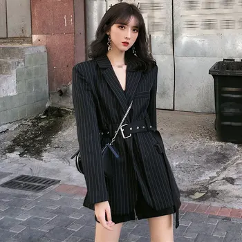 

Fashion Striped Sashes Female Blazer Notched Full Sleeve Black Woemn Jacket Autumn Loose Suit Streetwear High Quality 2020