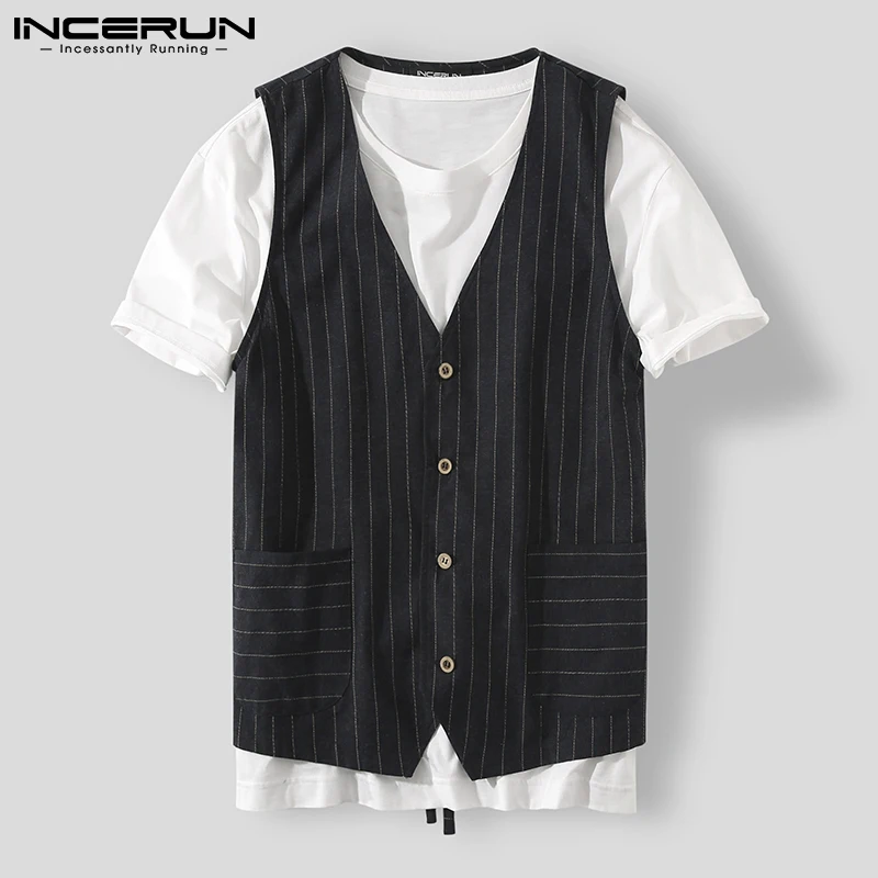 INCERUN-chalecos de moda para hombre, chaqueta informal a rayas sin mangas con cuello de pico, ropa de calle con botonadura única, traje de Fitness