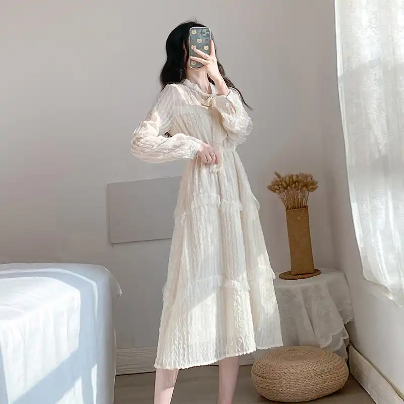 Long Korea One Piece Dress For Women Fashion Long Sleeve White Bow Neck Lace Ladies Vintage Formal Party Maxi Dresses Dresses Aliexpress