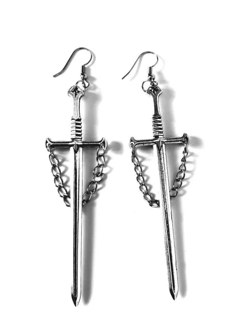 Antique silver colour swords with chaib earrings, gothic earrings, witchy earringsDrop Earrings