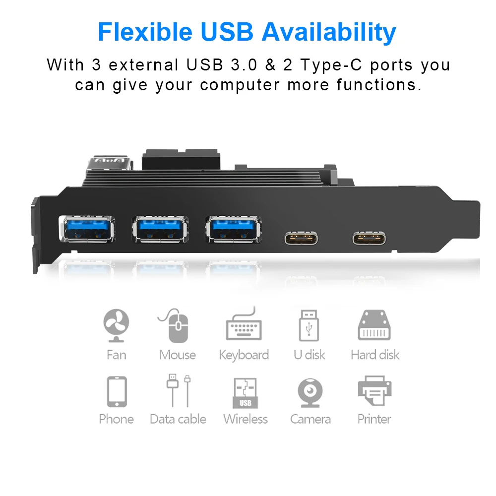  Tarjeta de expansión Rocketek USB 30 tipo c PCI-E adaptador de 5 puertos controlador externo Expres