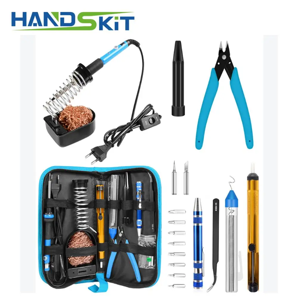 Eu 220v 60w Diy Adjustable Temperature Electric Soldering Iron Welding Kit Copper Tip Cleaner