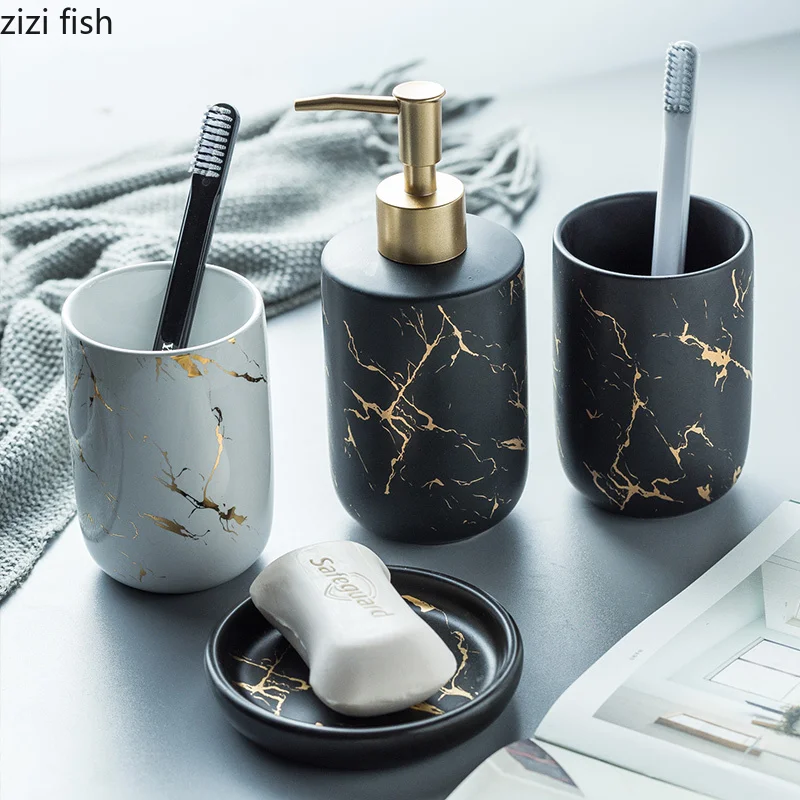 Nordic Matte Gold Ceramics Bathroom Accessories Set Soap Dispenser/Toothbrush Holder/Tumbler/Soap Dish luxurious Washing Set Bathroom Accessories Set