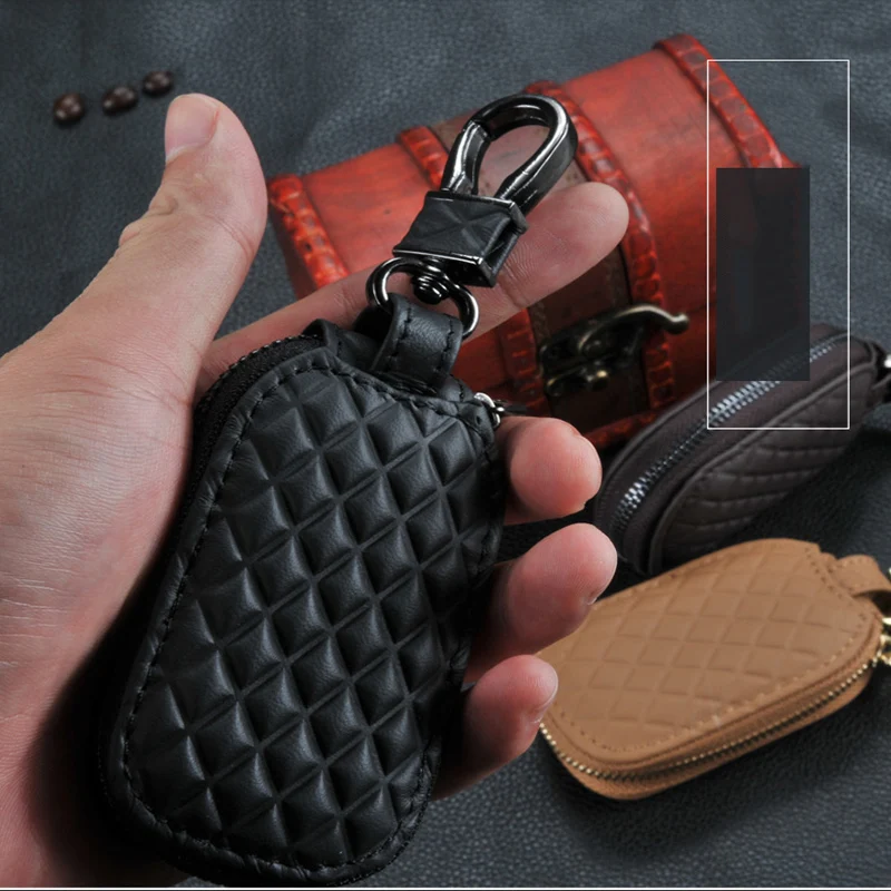 

Genuine Leather Car Key Protection Case Unuiversal Size Diamond-Quilted Key Cover For Special BMW Honda Ford KIA Hyundai