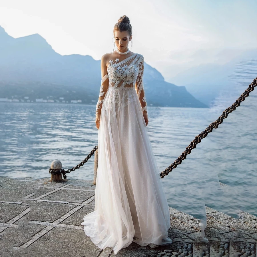 One Shoulder Lace Applique Nude Beach picture