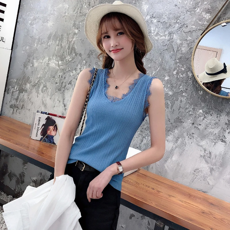 

2019 Fall Fashion Sweater Lace Sexy Sleeveless Stitching V neck Solid color Blue Knit Soft vest woman Slim Thin bottoming Shirt