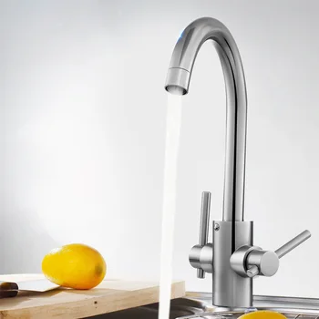 

Brass Nickel Plated Kitchen Sink Faucet Mixer Tap Neck Twin Lever Cold And Hot Dual Handle Modern Design Deck Mounted