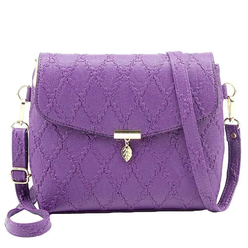 

Women Solid Color Rhombic Pattern Leaf Pendant Faux Leather Crossbody Sling Bag