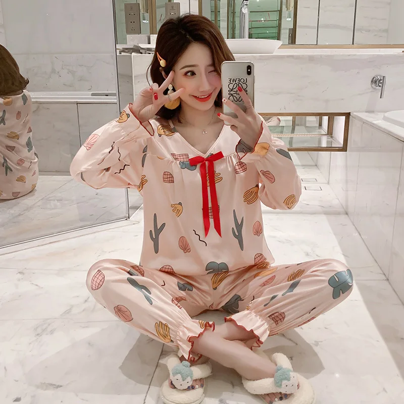 

Pajamas Women's Spring And Autumn Viscose Long Sleeve V-neck Two-Piece Set Summer Thin Section Korean-style Women's Silk Large S