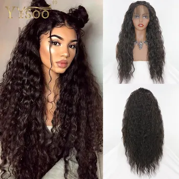 

YYsoo Long Black Synthetic Lace Front Wig for Black Women 13x4 Heat Resistant Glueless Lace Frontal Curly Wigs Natural Hairline