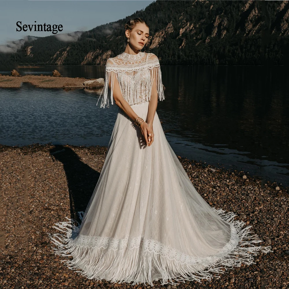Sevintage A Line богемное пляжное свадебное платье с кисточкой жакет кружево аппликация свадебные платья бохо платье невесты размера плюс