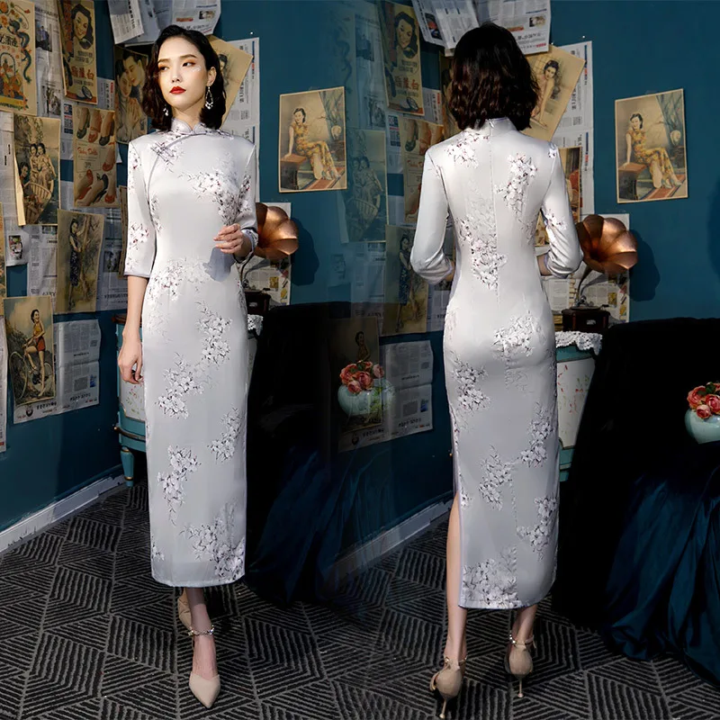 Новое поступление, традиционное женское платье, плюс размер, 4XL, Qipao, Дамское, вискозное, сексуальное, длинное, с принтом, Cheongsam, ручная работа, на пуговицах, винтажное, китайское платье - Цвет: L