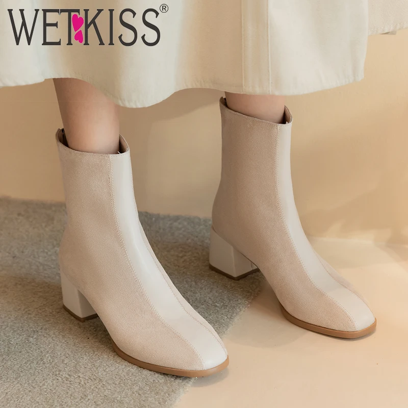 

WETKISS Stitching Flock Boots Women High Heels Thick Ankle Booties Female Zip Shoes Ladies Square Toe Shoes Winter 2020 New