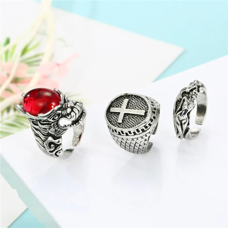 1 Pc Gothic Vintage Silver Cross Sirena Grande Anello Per Le Donne Degli Uomini Punk Rosso Zircone Drago Aperto Anello Di Barretta Di Trasporto Maschi